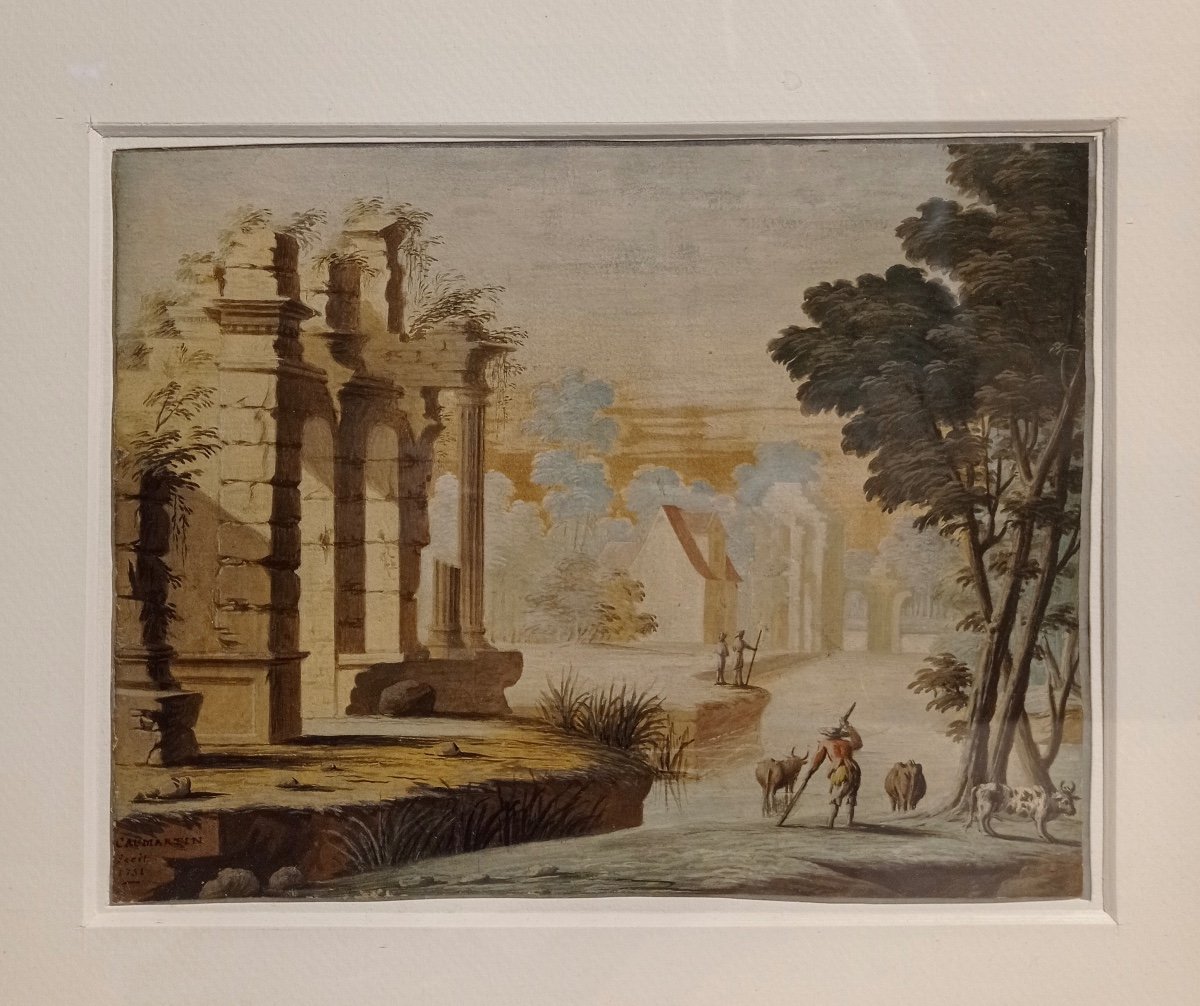 Caumartin, Watercolor And Gouache On Paper, Signed And Dated 1751-photo-1