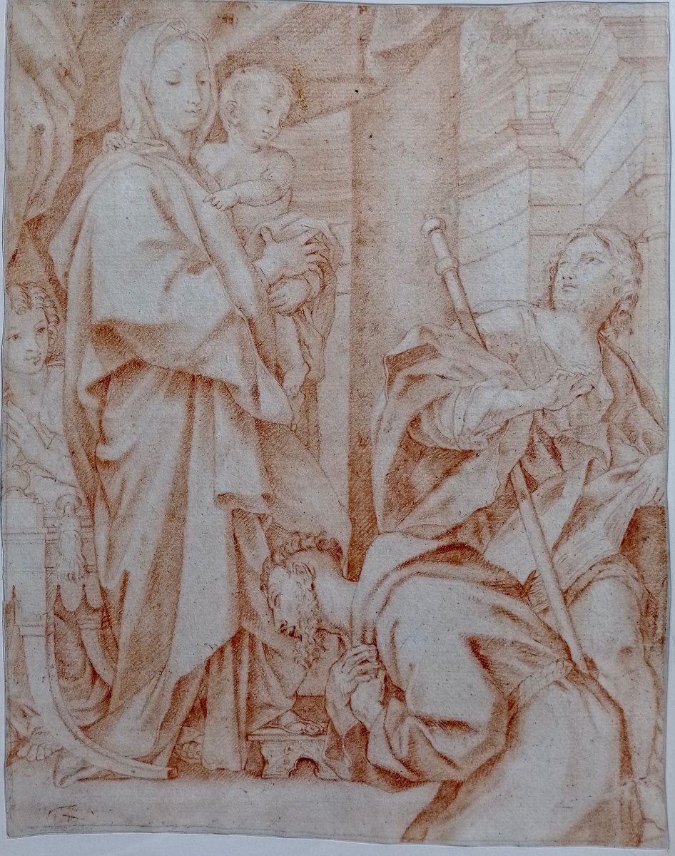 Presentation Of The Child To Saint Francis Of Assisi, 17th Century, Red Chalk Drawing-photo-1