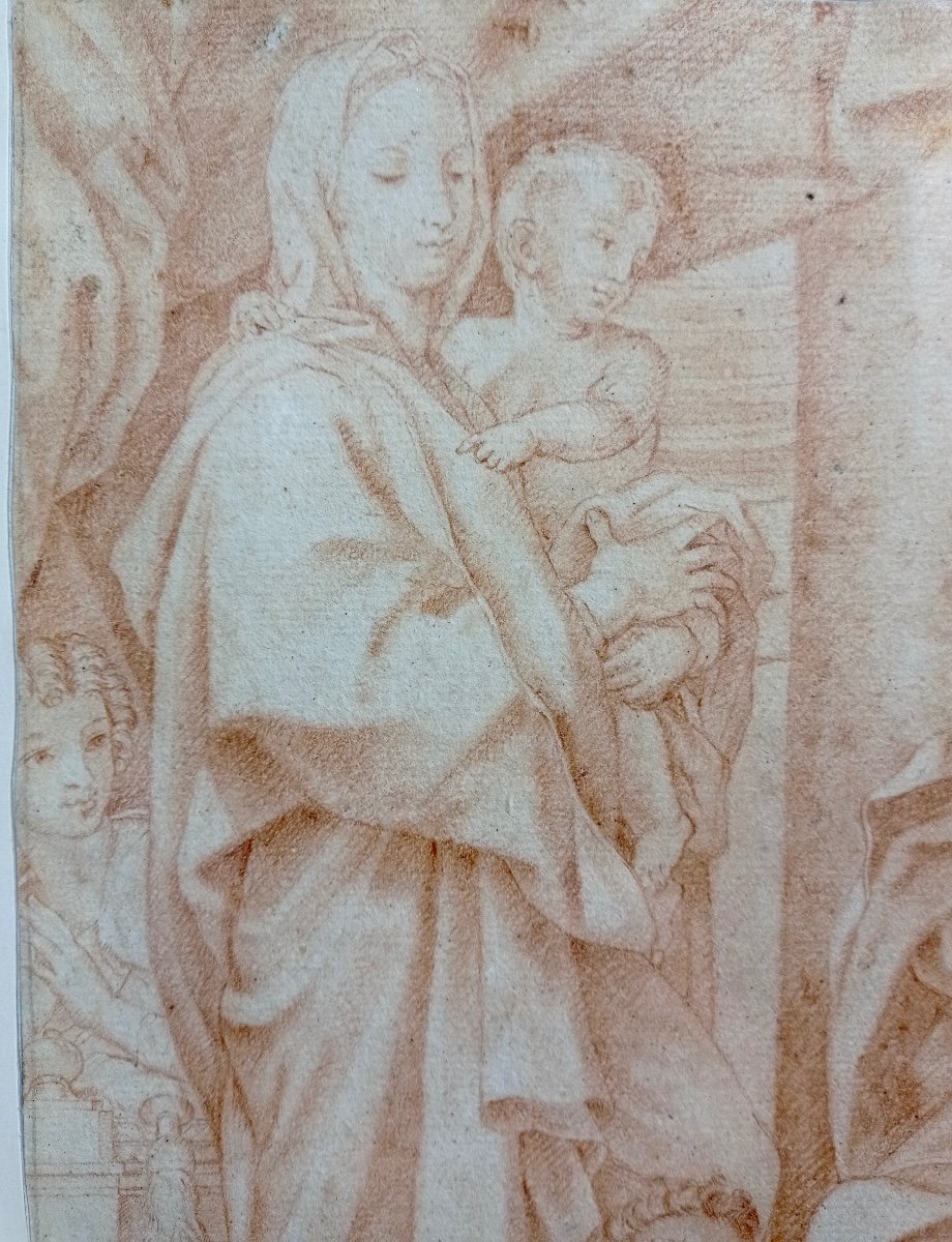 Presentation Of The Child To Saint Francis Of Assisi, 17th Century, Red Chalk Drawing-photo-3