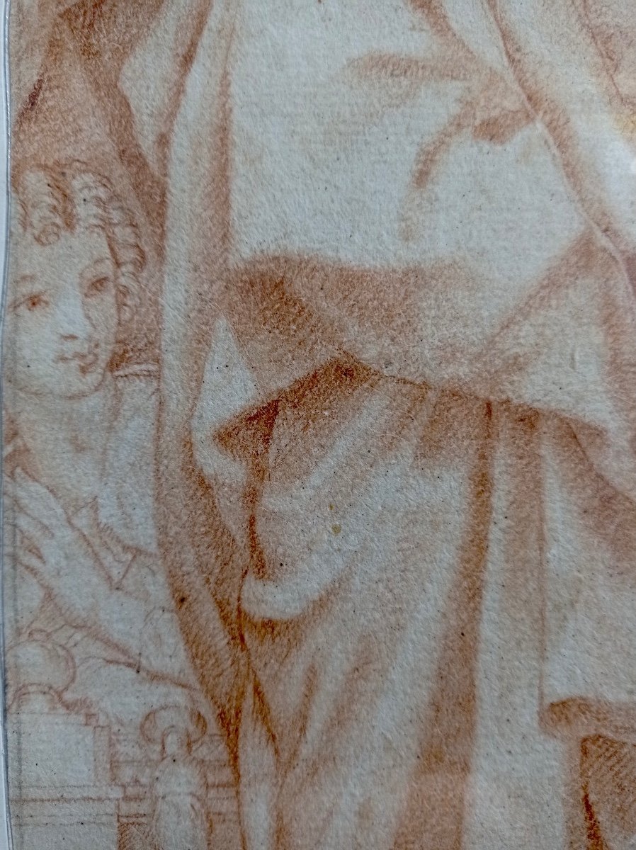 Presentation Of The Child To Saint Francis Of Assisi, 17th Century, Red Chalk Drawing-photo-5