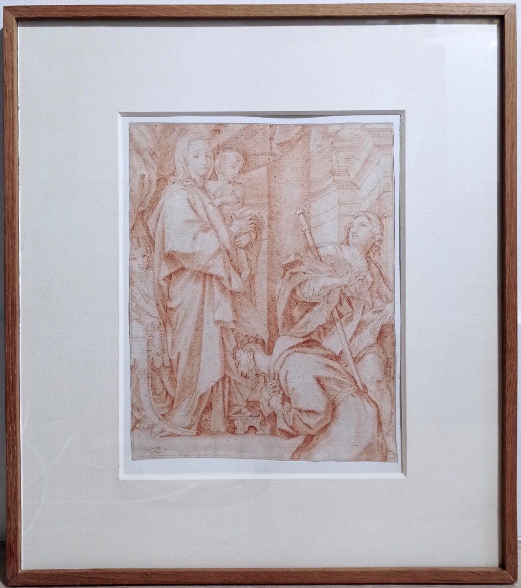 Presentation Of The Child To Saint Francis Of Assisi, 17th Century, Red Chalk Drawing