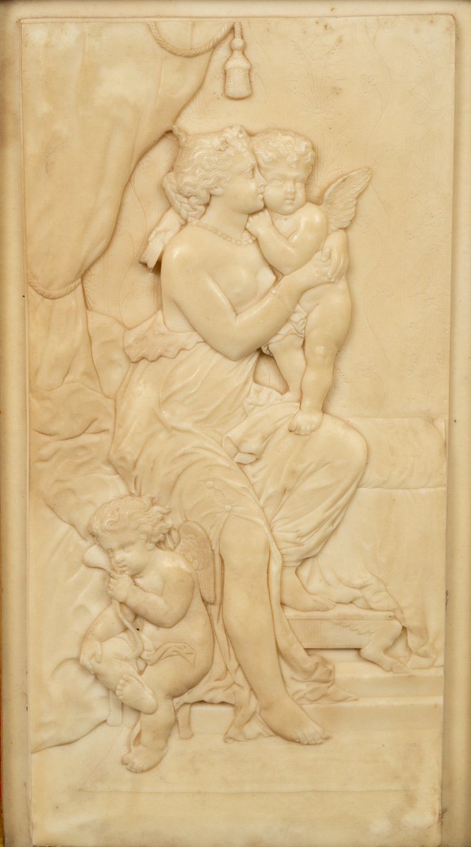 Bas-relief d'Une Femme Aux Cupidons, Albâtre, Académisme, France, XIXe Siècle-photo-3