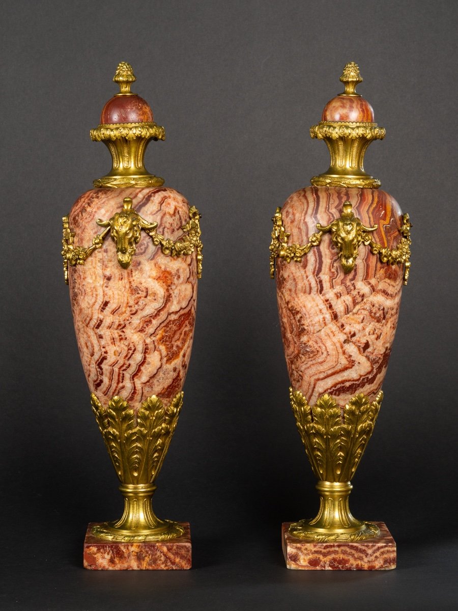 Pair Of Covered Vases, Marble And Gilt Bronze, 19th Century.-photo-2