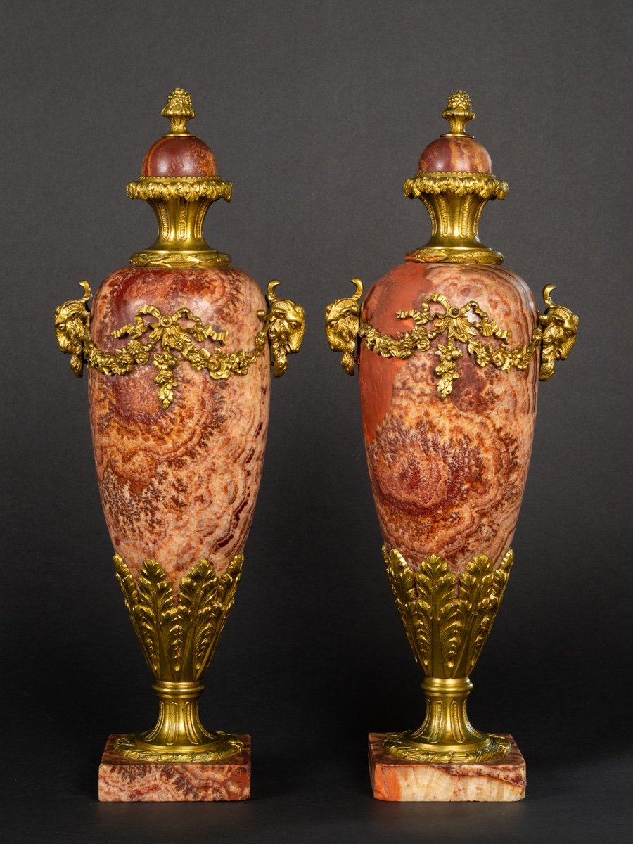 Pair Of Covered Vases, Marble And Gilt Bronze, 19th Century.-photo-3