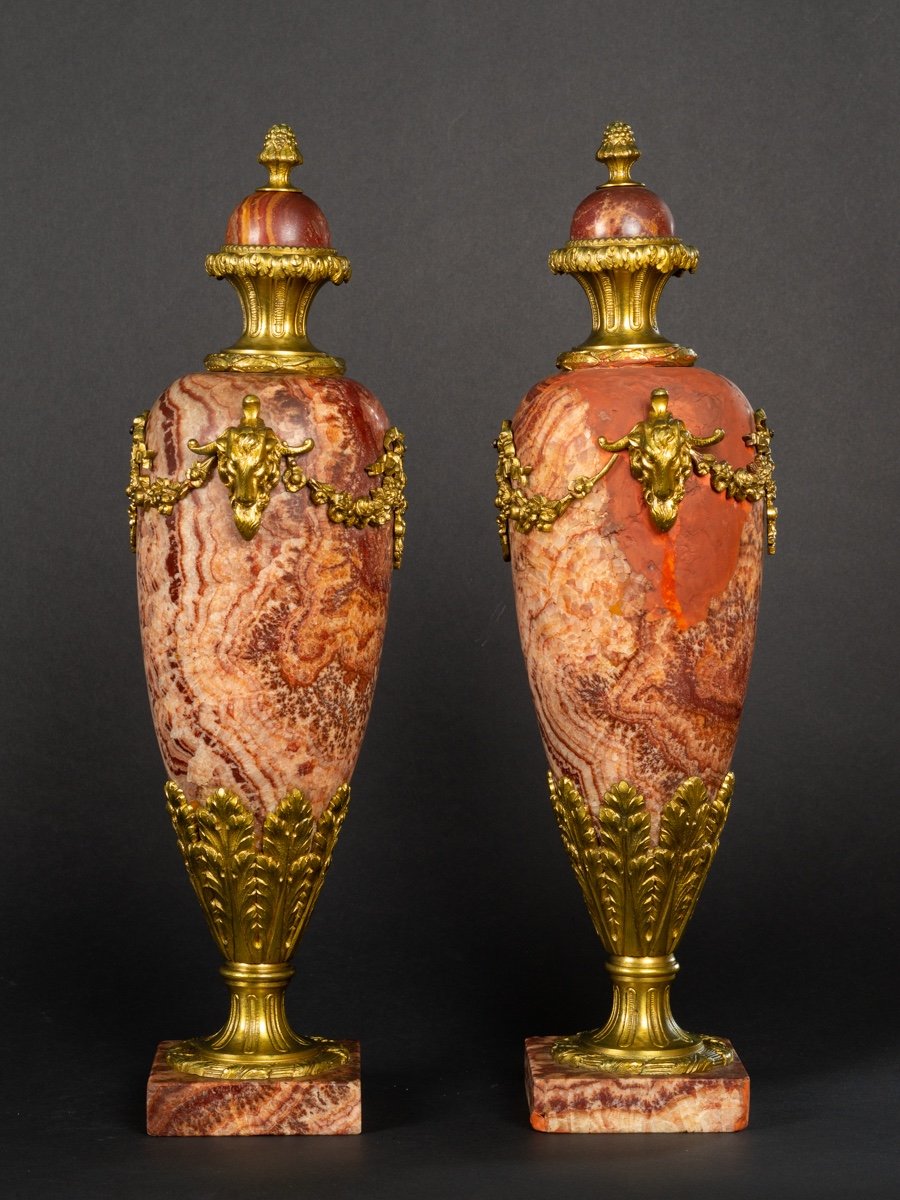 Pair Of Covered Vases, Marble And Gilt Bronze, 19th Century.-photo-4