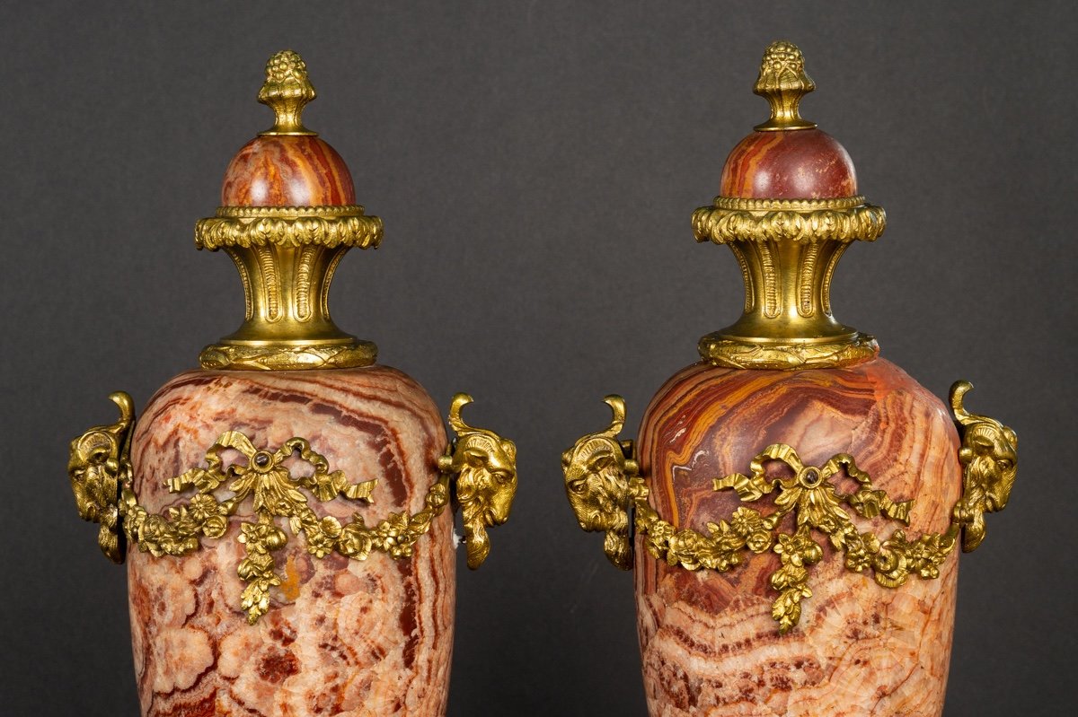 Pair Of Covered Vases, Marble And Gilt Bronze, 19th Century.-photo-1