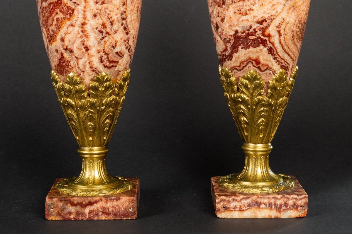 Pair Of Covered Vases, Marble And Gilt Bronze, 19th Century.-photo-2