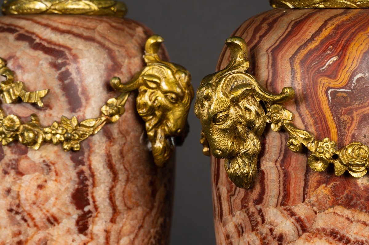 Pair Of Covered Vases, Marble And Gilt Bronze, 19th Century.-photo-4