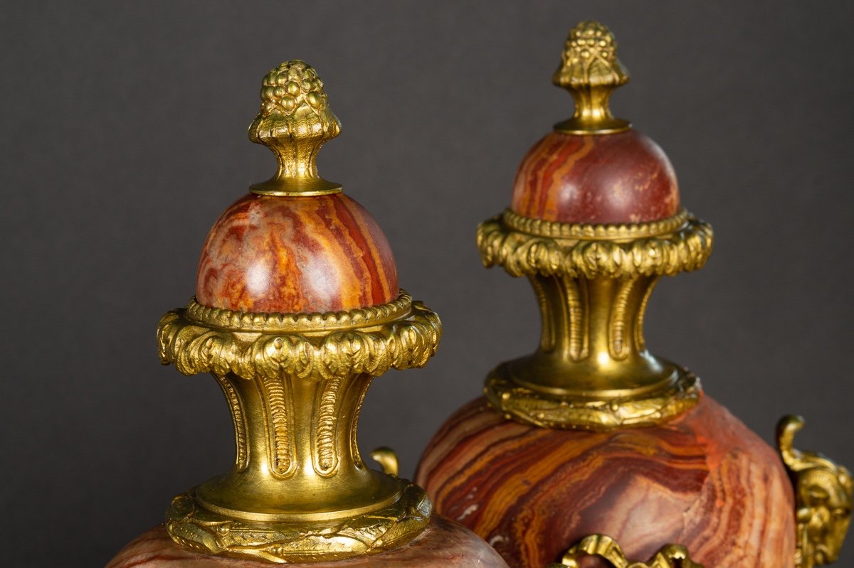 Pair Of Covered Vases, Marble And Gilt Bronze, 19th Century.-photo-5