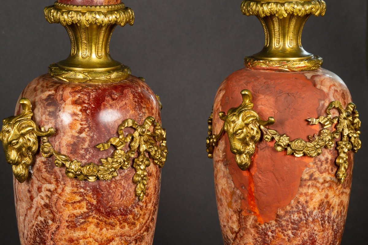 Pair Of Covered Vases, Marble And Gilt Bronze, 19th Century.-photo-6