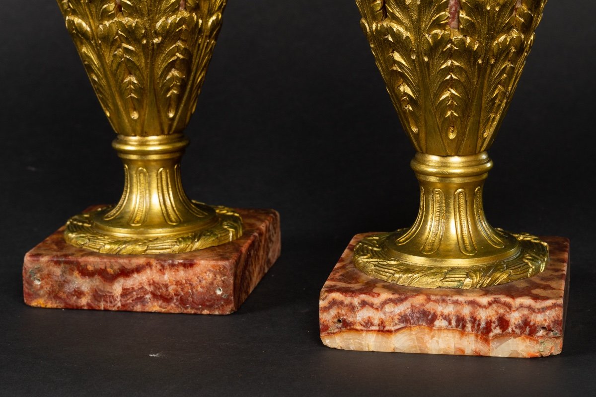 Pair Of Covered Vases, Marble And Gilt Bronze, 19th Century.-photo-7