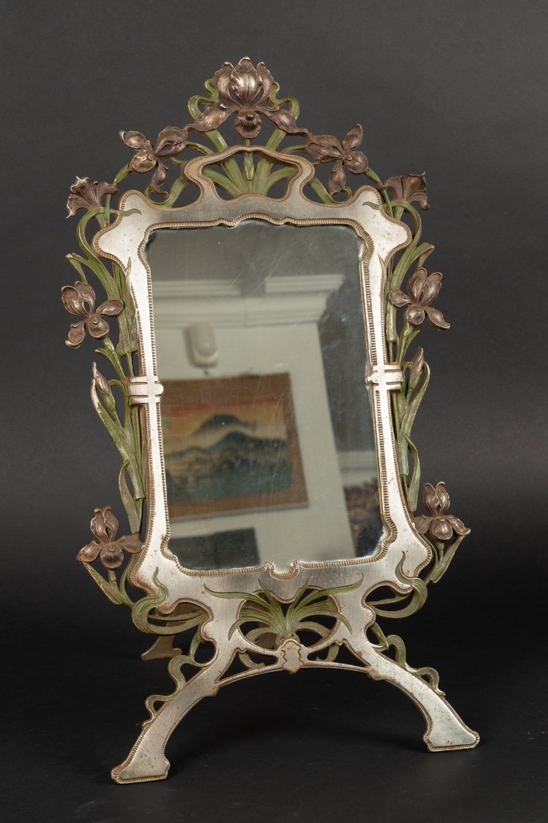 Miroir De Table, Art Nouveau, Métal Peint, Vers 1900.  