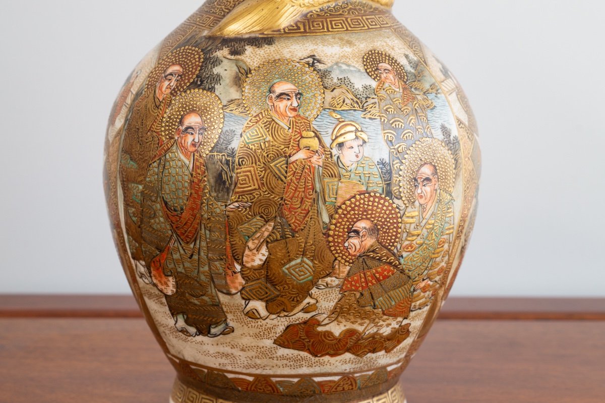 Vase Avec Dragon Et Personnages, Satsuma, Japon, ère Meiji (1868-1912), Signé. -photo-4