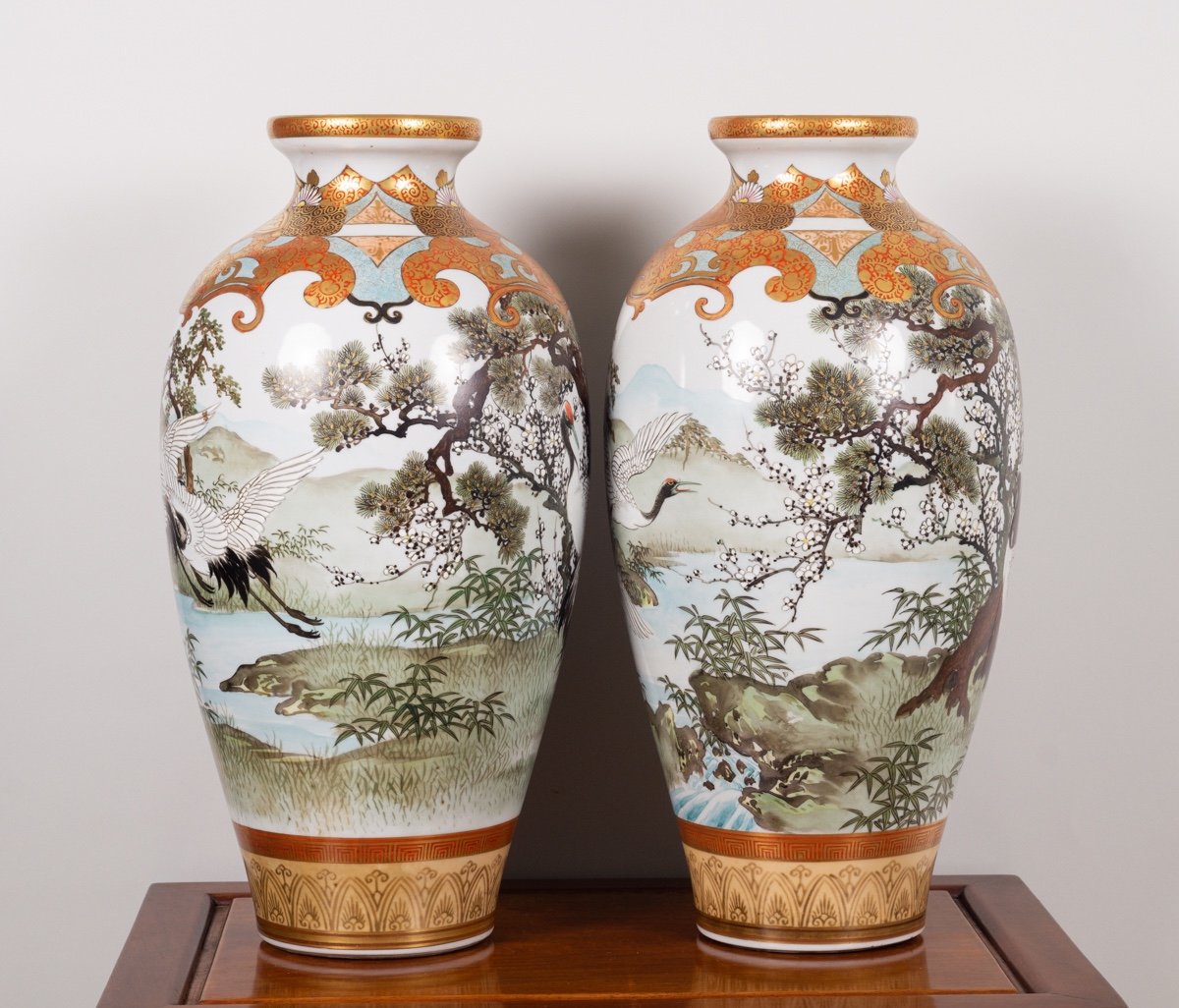 Pair Of Vases With Cranes, Taniguchi, Kutani, Meiji Era (1868-1912).-photo-2