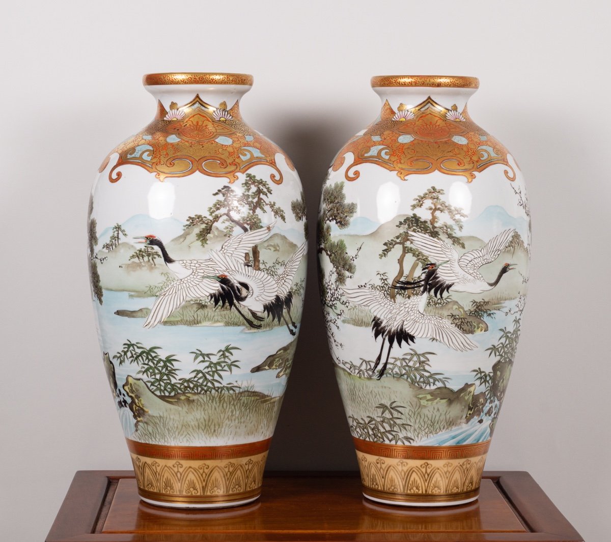 Pair Of Vases With Cranes, Taniguchi, Kutani, Meiji Era (1868-1912).-photo-3