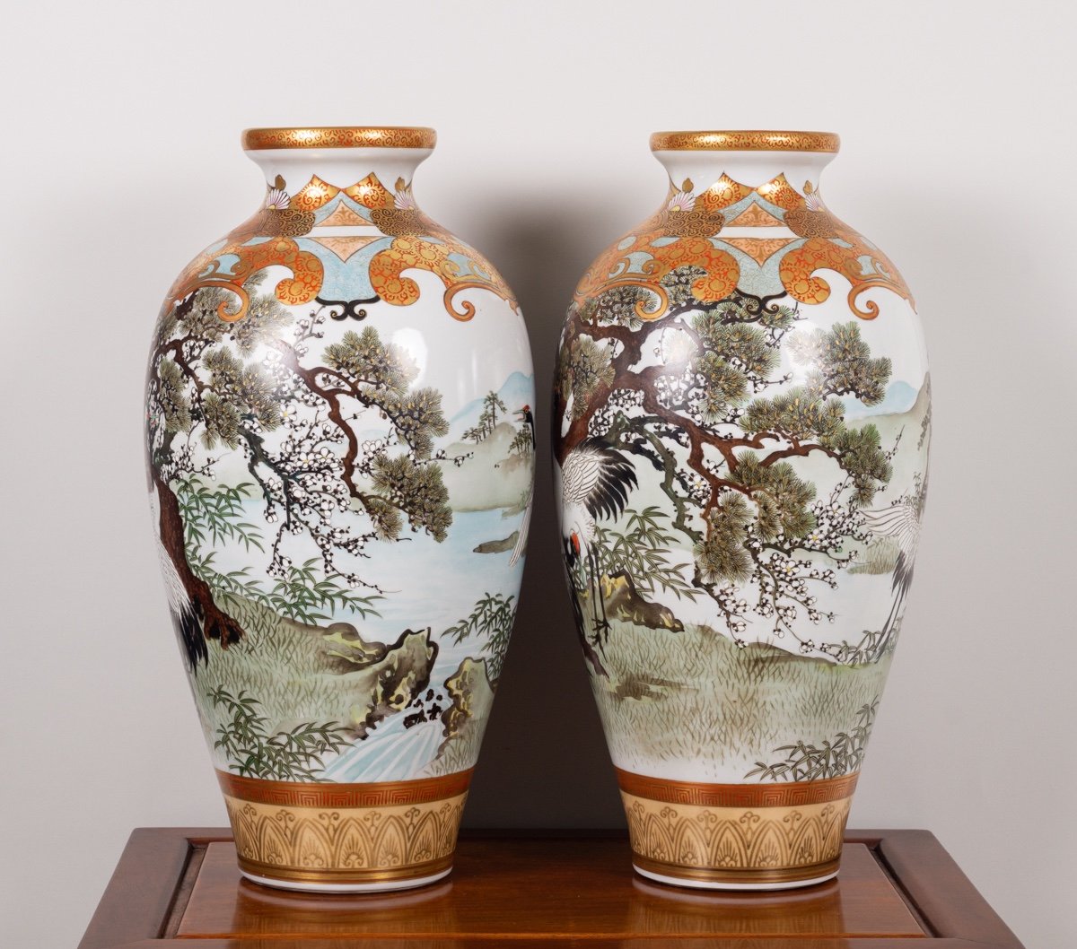 Pair Of Vases With Cranes, Taniguchi, Kutani, Meiji Era (1868-1912).-photo-4