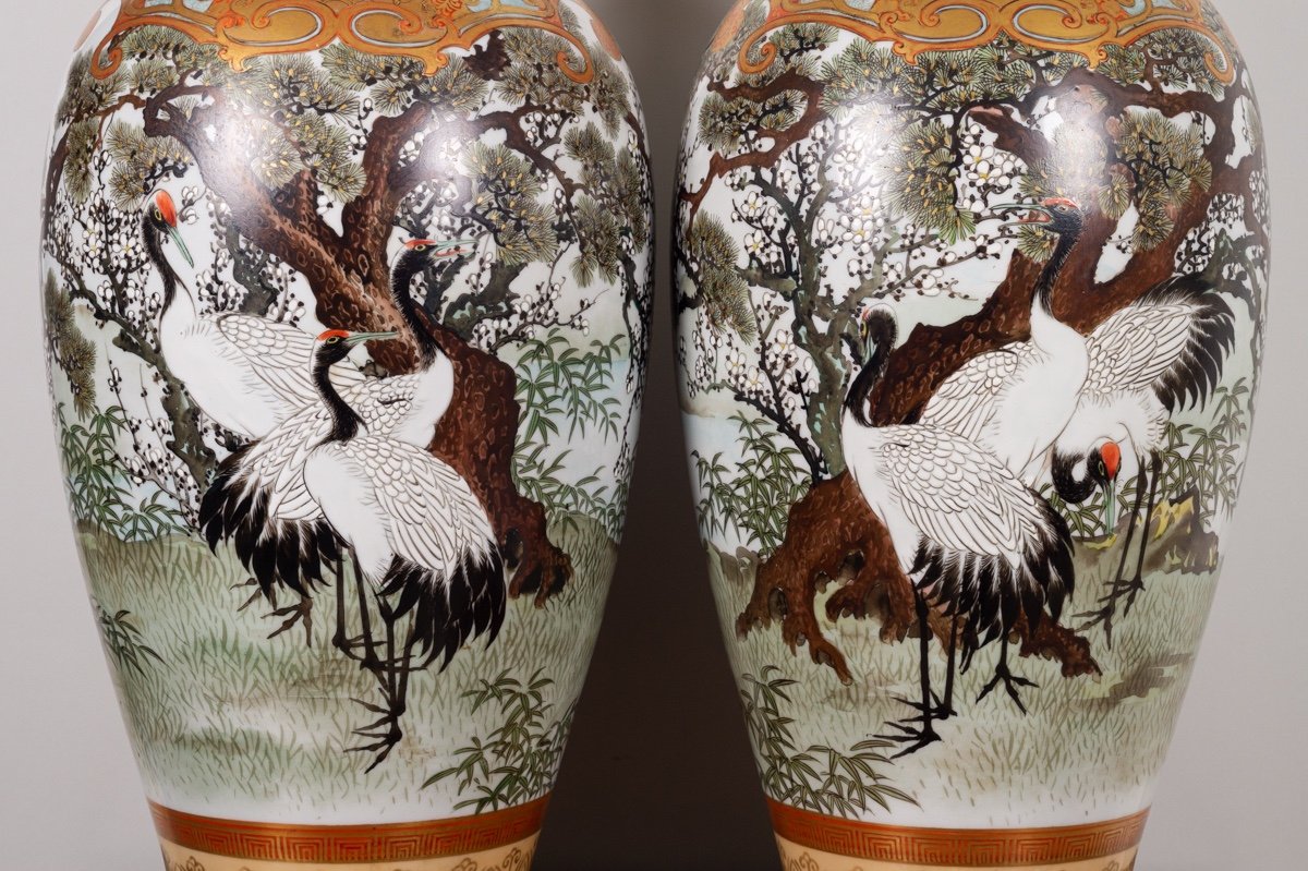 Pair Of Vases With Cranes, Taniguchi, Kutani, Meiji Era (1868-1912).-photo-1