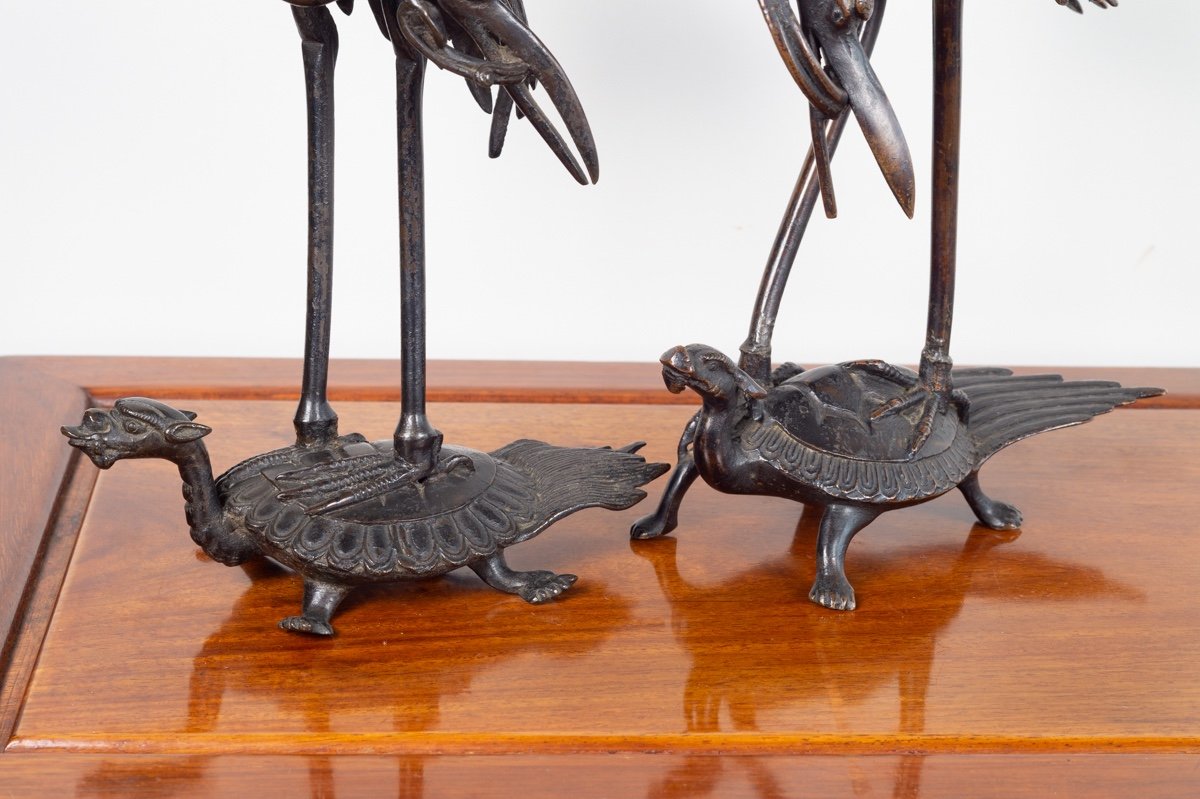 Paire De Grues Sur Des Tortues, Bronze, Japon, époque Edo (1603-1868)-photo-1