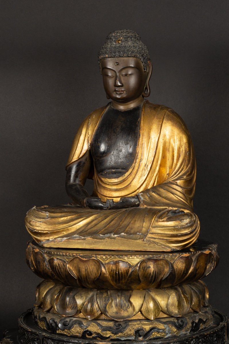 Bouddha Amida, Japon, époque Edo (1603-1868), Bois Laqué Et Doré.   -photo-3