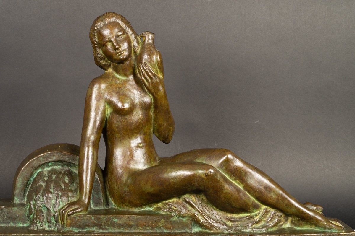 Nu - Dame Avec Un Pigeon, Georges Raoul Garreau (1885-1955), Bronze, Art Déco, France, 1920/30-photo-1