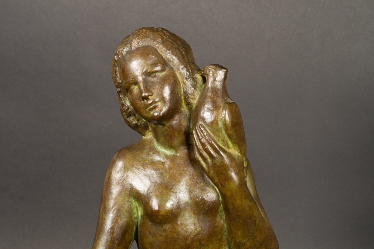 Nu - Dame Avec Un Pigeon, Georges Raoul Garreau (1885-1955), Bronze, Art Déco, France, 1920/30-photo-4