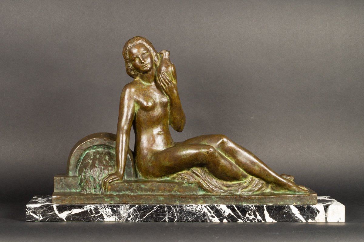 Nu - Dame Avec Un Pigeon, Georges Raoul Garreau (1885-1955), Bronze, Art Déco, France, 1920/30