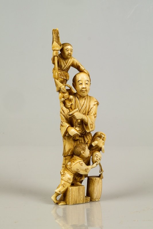 Okimono - Figures With Toys And Masks, Ivory, Japan, Meiji Era (1868-1912)-photo-2