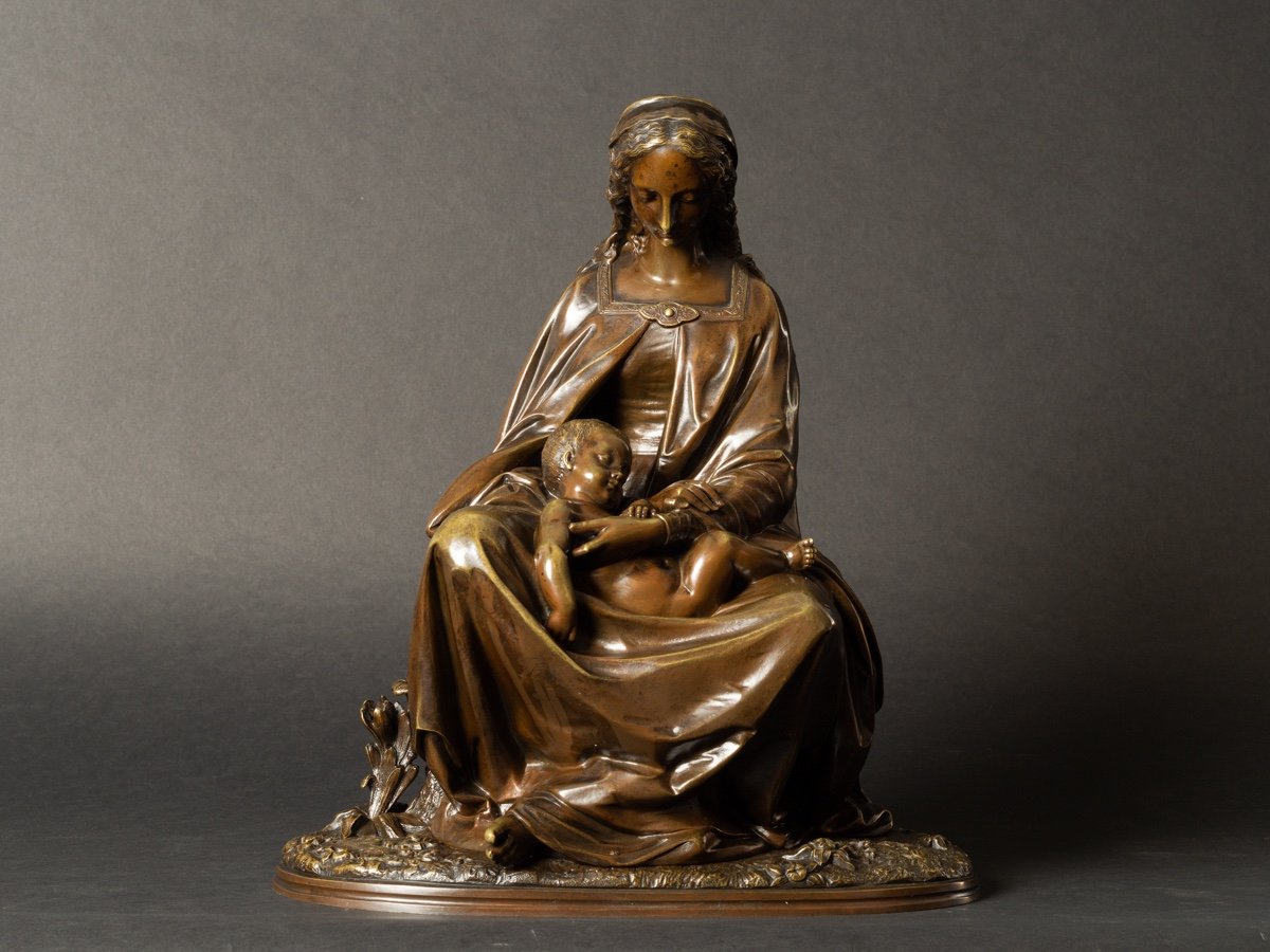 Vierge à l'Enfant, Jean-jules Salmson (1823 - 1902), Bronze, France, XIXème Siècle-photo-2