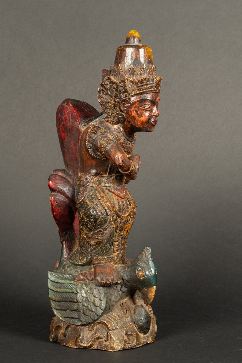 Vishnu Sur Le Garuda, Inde, Bois Polychrome, XIXe Siècle.   -photo-3