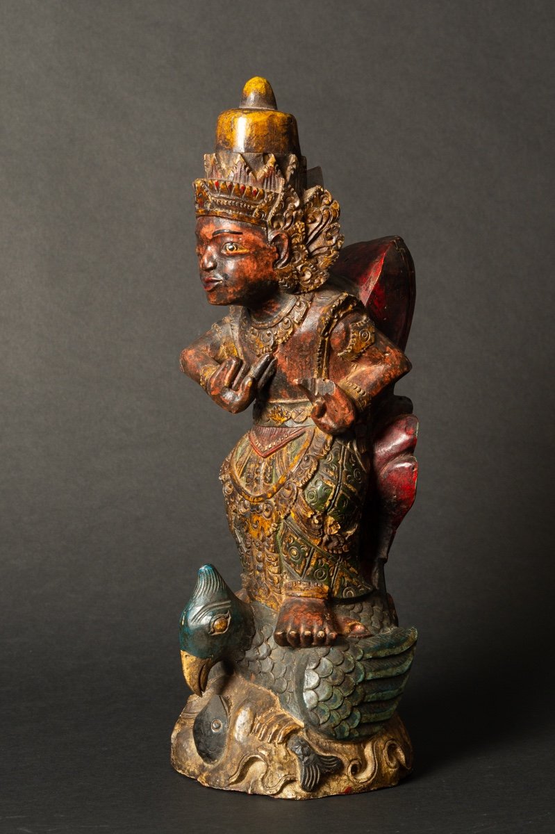 Vishnu Sur Le Garuda, Inde, Bois Polychrome, XIXe Siècle.   -photo-4