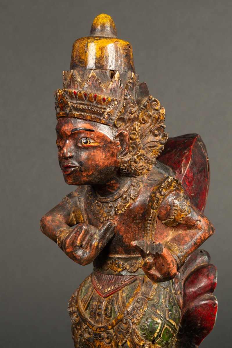 Vishnu Sur Le Garuda, Inde, Bois Polychrome, XIXe Siècle.   -photo-3