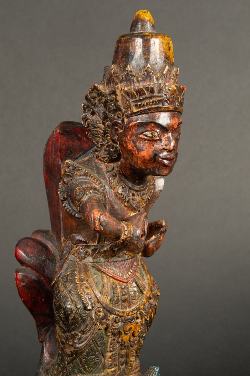 Vishnu Sur Le Garuda, Inde, Bois Polychrome, XIXe Siècle.   -photo-4