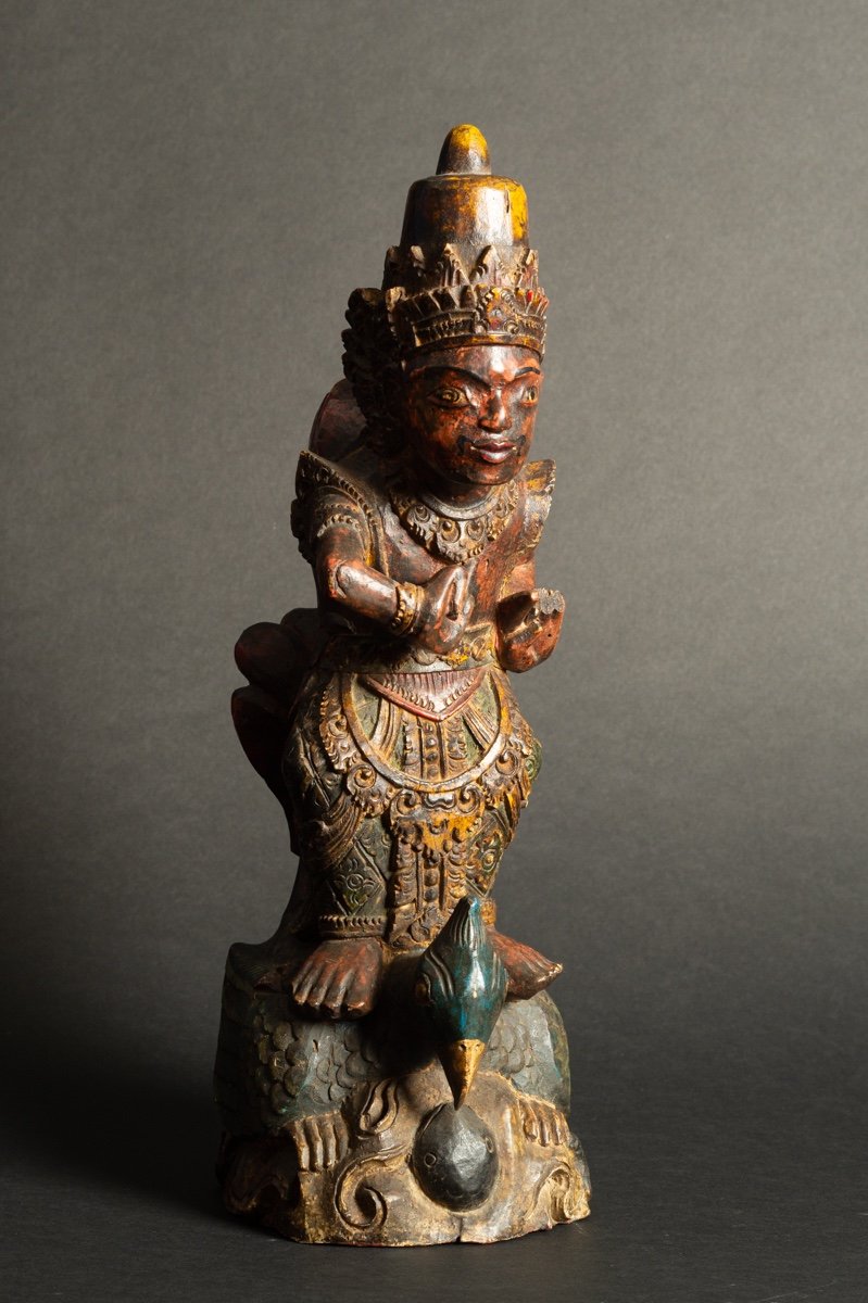 Vishnu Sur Le Garuda, Inde, Bois Polychrome, XIXe Siècle.   