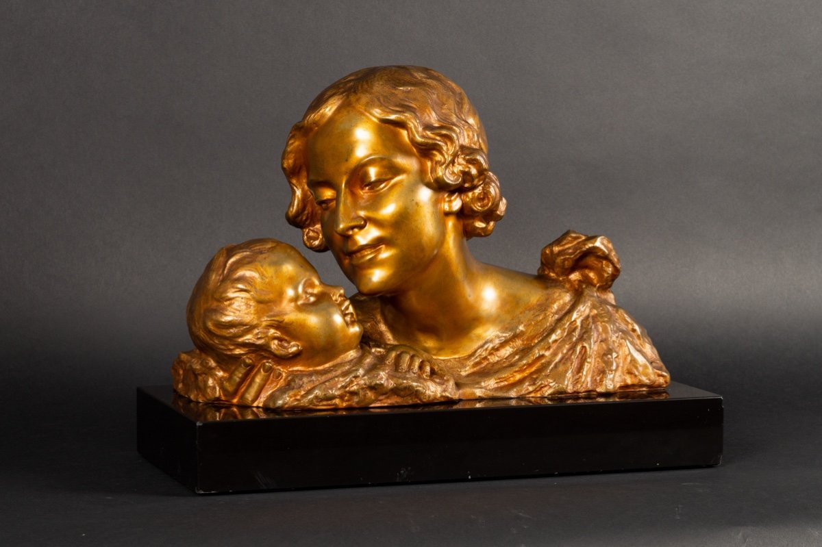 Bust Of Mother And Child, Alexandre Ouline (active 1918-1940), Gilt Bronze, Art Deco-photo-2