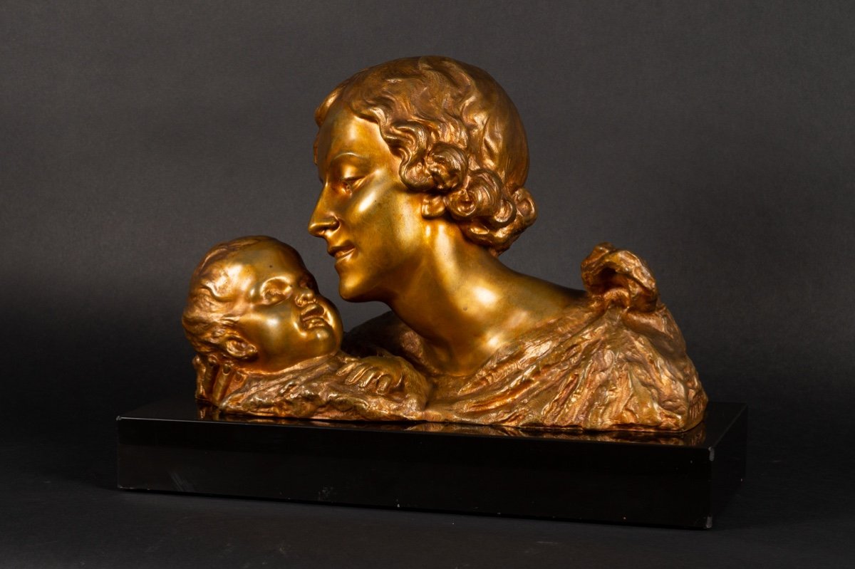 Bust Of Mother And Child, Alexandre Ouline (active 1918-1940), Gilt Bronze, Art Deco-photo-3