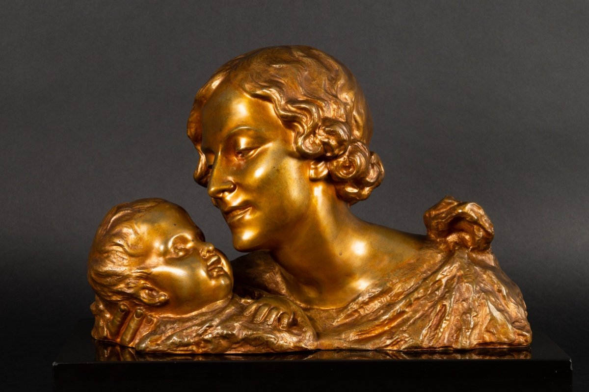 Bust Of Mother And Child, Alexandre Ouline (active 1918-1940), Gilt Bronze, Art Deco-photo-4