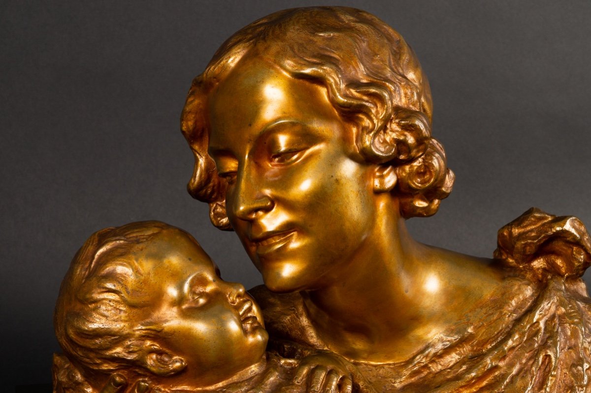 Bust Of Mother And Child, Alexandre Ouline (active 1918-1940), Gilt Bronze, Art Deco-photo-1