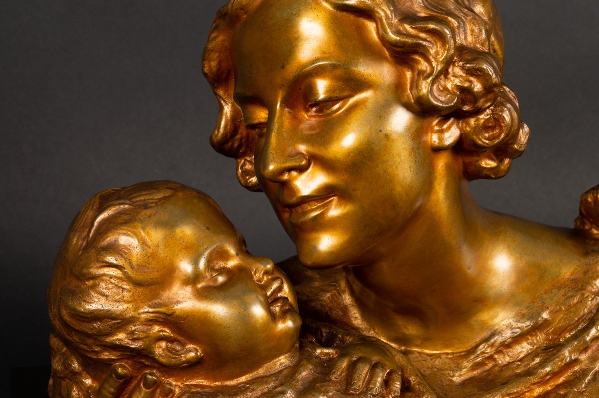 Bust Of Mother And Child, Alexandre Ouline (active 1918-1940), Gilt Bronze, Art Deco-photo-2