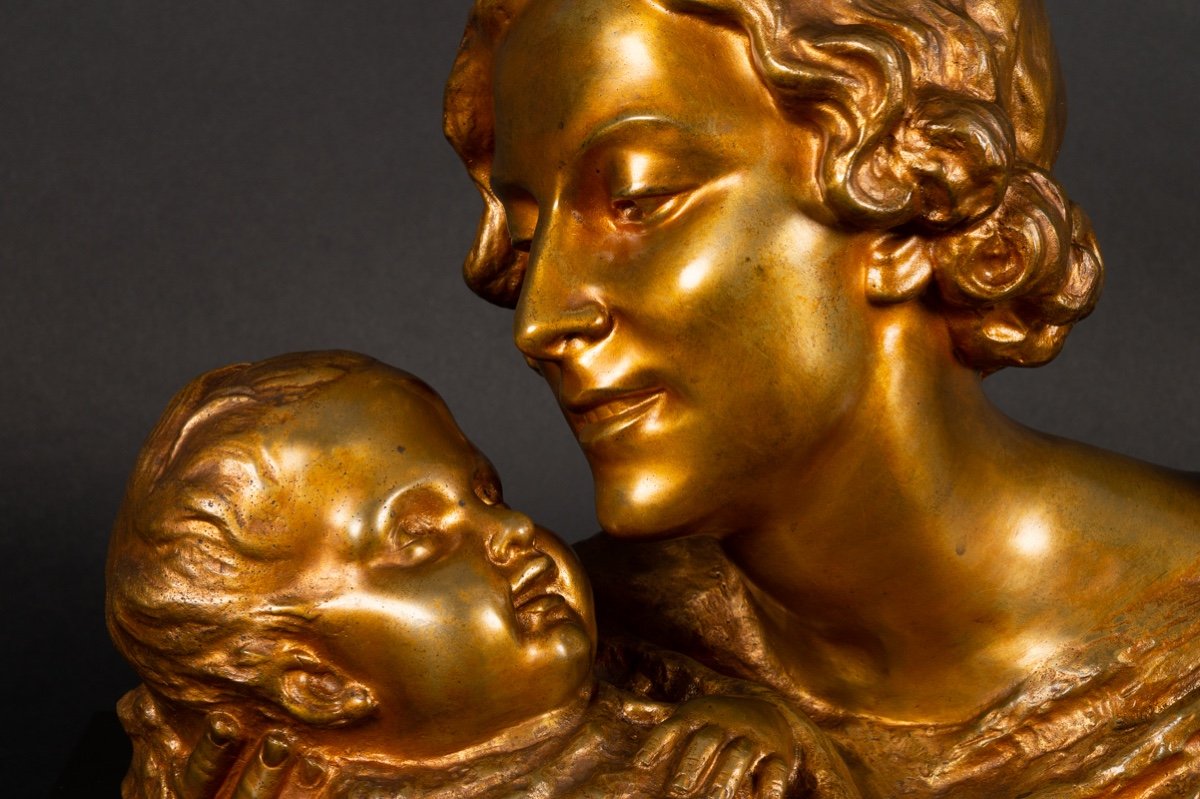 Bust Of Mother And Child, Alexandre Ouline (active 1918-1940), Gilt Bronze, Art Deco-photo-3