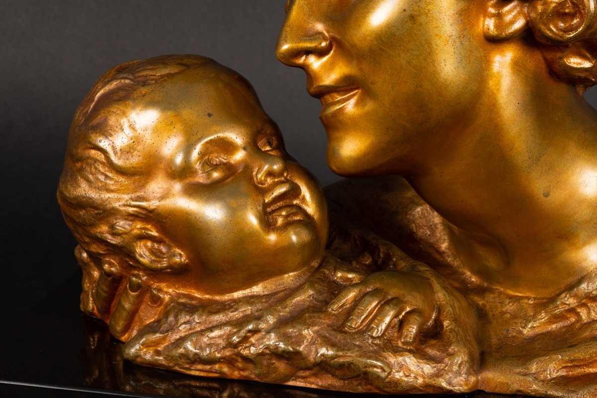 Bust Of Mother And Child, Alexandre Ouline (active 1918-1940), Gilt Bronze, Art Deco-photo-4