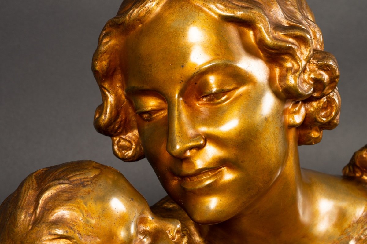 Bust Of Mother And Child, Alexandre Ouline (active 1918-1940), Gilt Bronze, Art Deco-photo-5