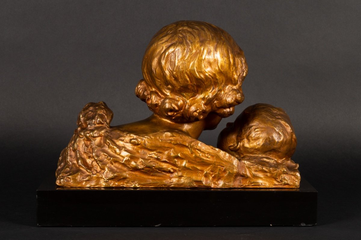 Bust Of Mother And Child, Alexandre Ouline (active 1918-1940), Gilt Bronze, Art Deco-photo-7