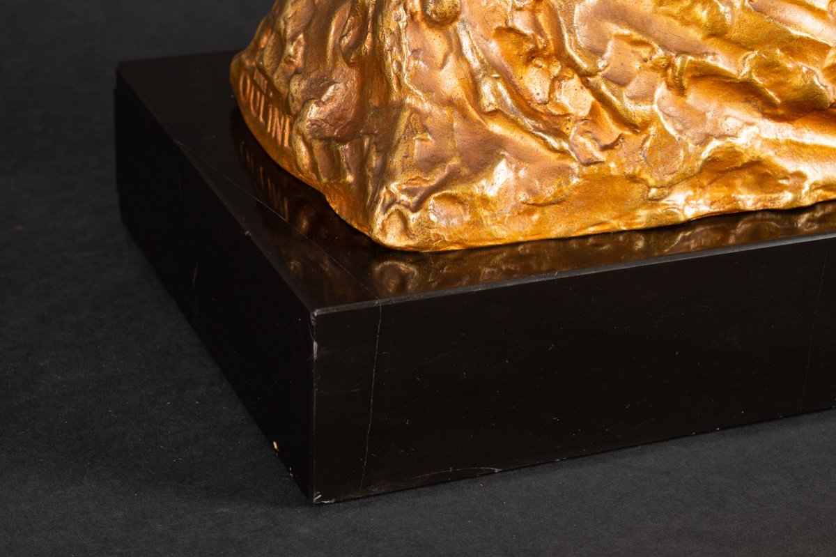 Bust Of Mother And Child, Alexandre Ouline (active 1918-1940), Gilt Bronze, Art Deco-photo-8