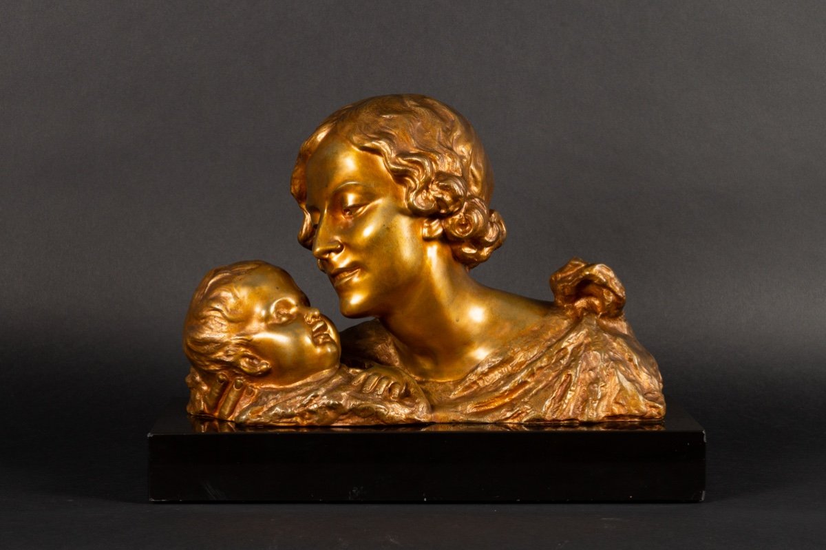 Bust Of Mother And Child, Alexandre Ouline (active 1918-1940), Gilt Bronze, Art Deco