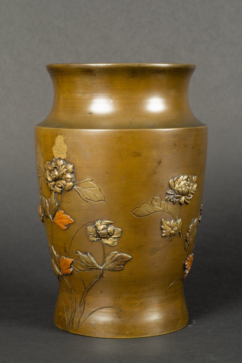 Vase With Crane And Flowers, Bronze And Copper, Japan, Meiji Era (1868-1912).-photo-3