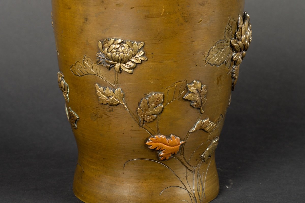 Vase Avec Grue Et Fleurs, Bronze Et Cuivre, Japon, ère Meiji (1868-1912). -photo-3