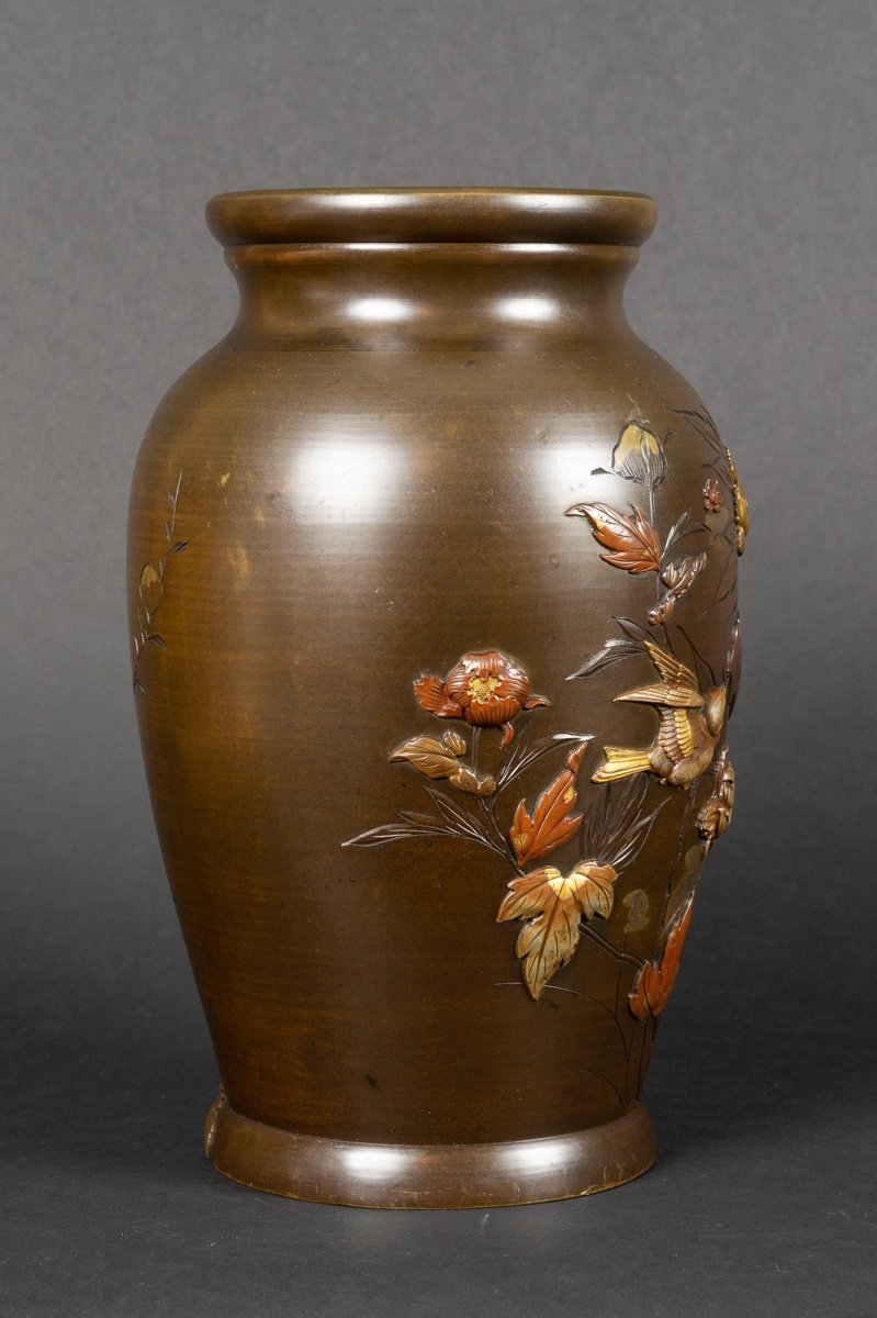 Vase With Birds And Flowers, Bronze - Shakudō - Shibuichi, Japan, Meiji Era (1868-1912).-photo-2