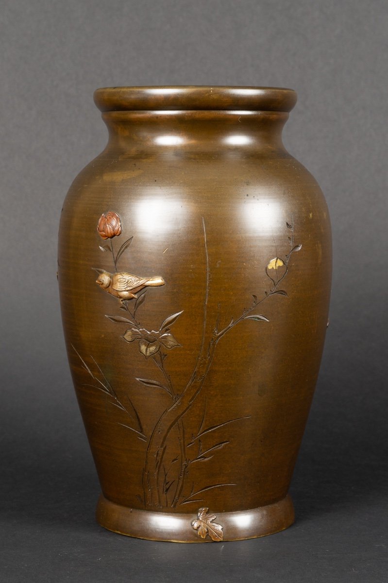 Vase With Birds And Flowers, Bronze - Shakudō - Shibuichi, Japan, Meiji Era (1868-1912).-photo-3