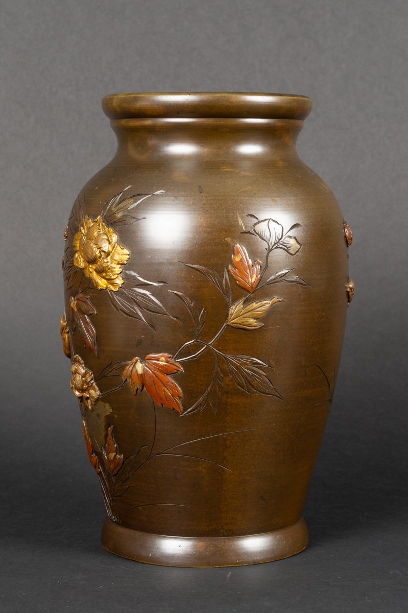 Vase With Birds And Flowers, Bronze - Shakudō - Shibuichi, Japan, Meiji Era (1868-1912).-photo-4