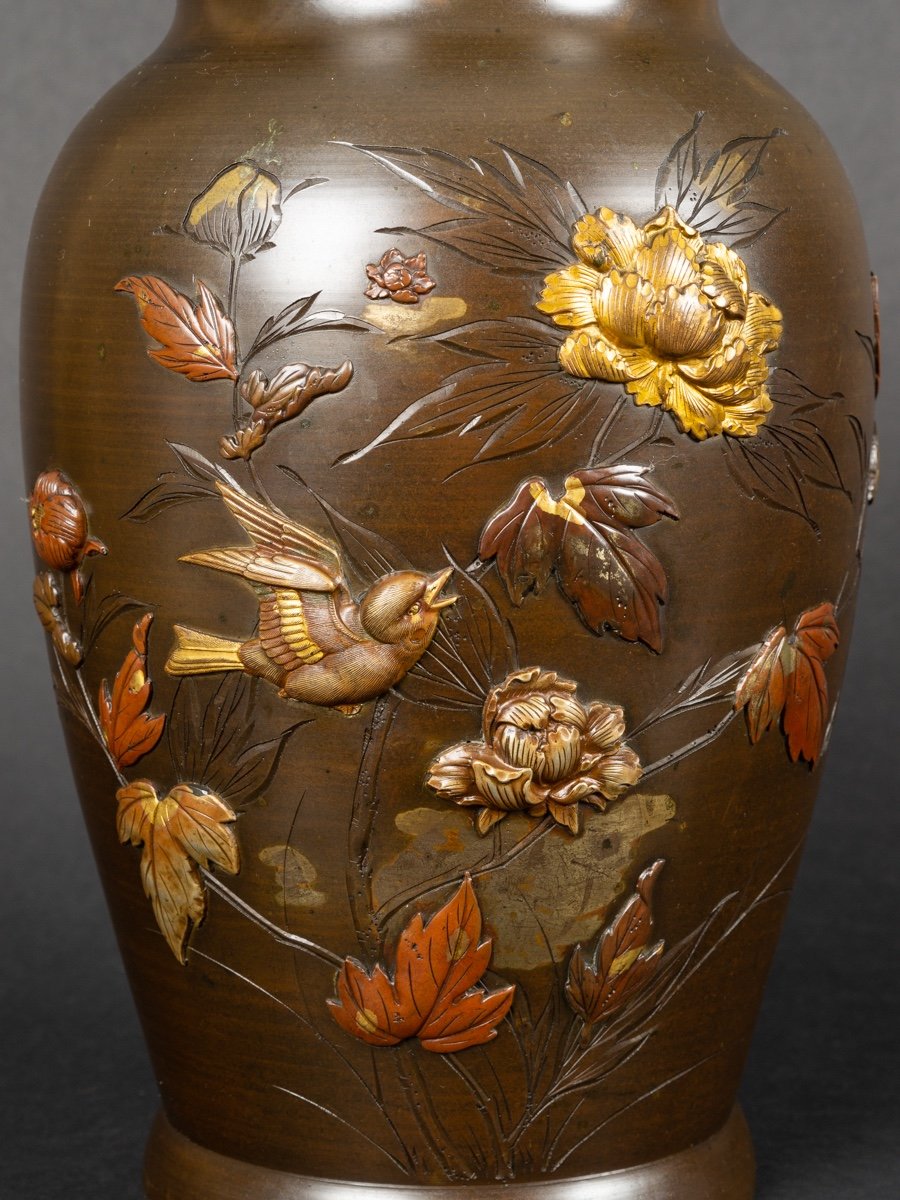 Vase With Birds And Flowers, Bronze - Shakudō - Shibuichi, Japan, Meiji Era (1868-1912).-photo-2